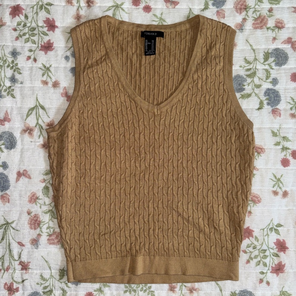 Forever 21 Camel Cable Knit V-Neck Vest